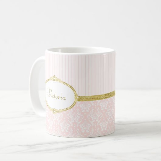 Elegant Roze Damask  Gold Lijst en naam Koffiemok (Voorkant links)
