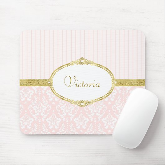 Elegant Roze Damask  Gold Lijst en naam Muismat (Met muis)