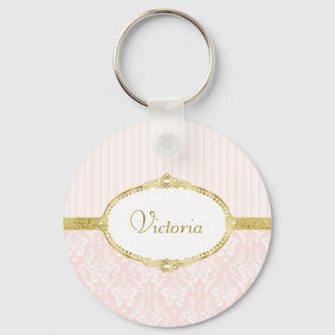 Elegant Roze Damask  Gold Lijst en naam Sleutelhanger