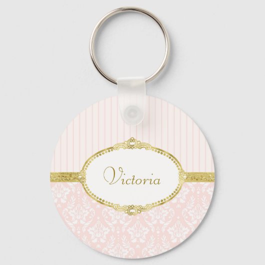 Elegant Roze Damask  Gold Lijst en naam Sleutelhanger (Voorkant)