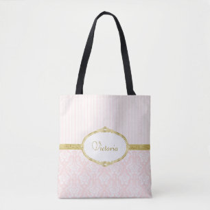 Elegant Roze Damask  Gold Lijst en naam Tote Bag