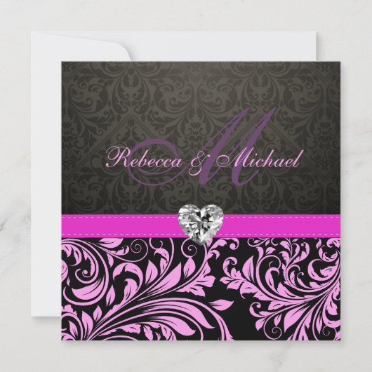 Elegant roze Damask met Monogram Wedding Invite Kaart (Voorkant)