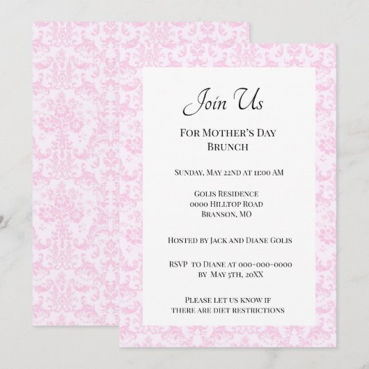 Elegant Roze Damask Moederdag Brunch Kaart (Voorkant / Achterkant)