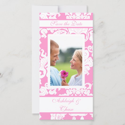 Elegant roze Damask slaat de datum opUw foto Save The Date (Voorkant)
