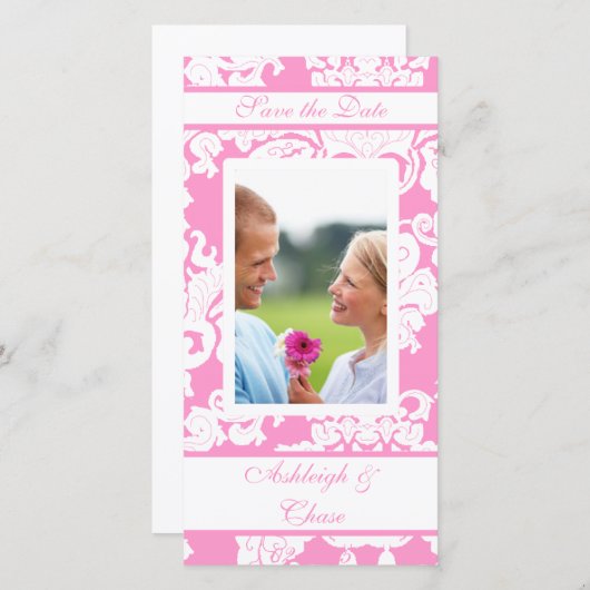 Elegant roze Damask slaat de datum opUw foto Save The Date (Voorkant / Achterkant)