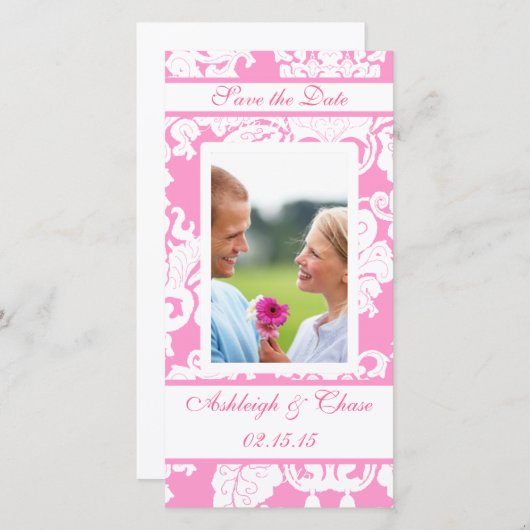 Elegant roze Damask slaat de datum opUw foto Save The Date (Voorkant / Achterkant)