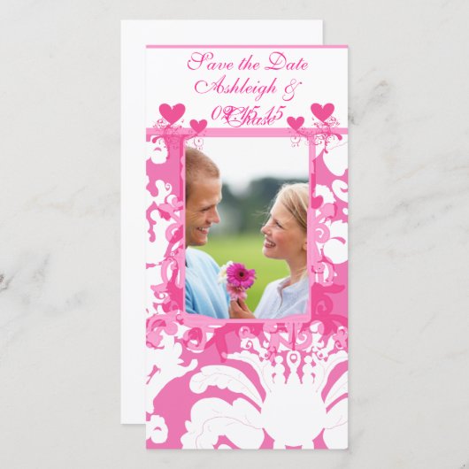 Elegant roze Damask slaat de datum opUw foto Save The Date (Voorkant / Achterkant)