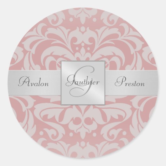 Elegant Roze Damast Monogram Bruiloft Sticker (Voorkant)