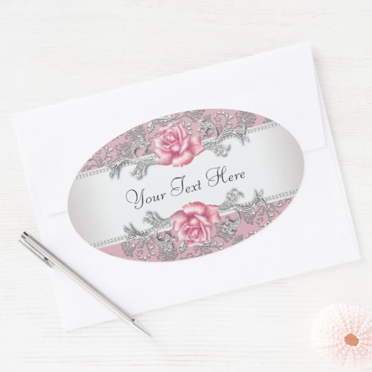 Elegant Roze Damast Roze Rose Stickers (Envelop)