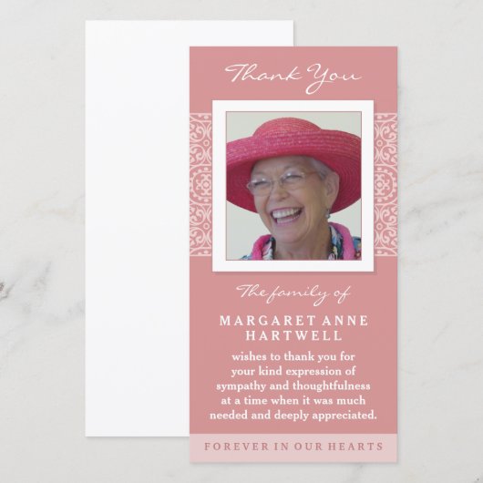 Elegant Roze Dank je Memorial Fotokaart Bedankkaart (Voorkant / Achterkant)