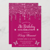 Elegant Roze Dripping Glitter 21e Verjaardag Kaart (Voorkant / Achterkant)