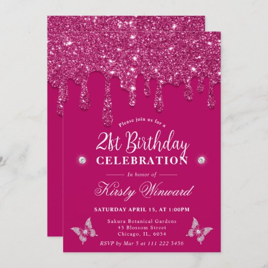 Elegant Roze Dripping Glitter 21e Verjaardag Kaart (Voorkant / Achterkant)
