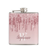 Elegant roze druppelaar faux glitter monogram heupfles (Voorkant)