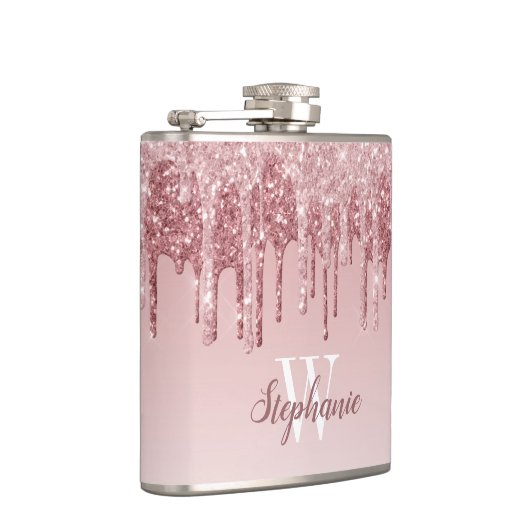 Elegant roze druppelaar faux glitter monogram heupfles (Rechts)