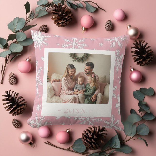 Elegant Roze één foto Sneeuwvlokken Kussen (Elegant Pink one photo Snowflakes Throw Pillow)