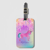 Elegant roze eenhoorn druppelend glitter monogram bagagelabel (Voorkant (verticaal))