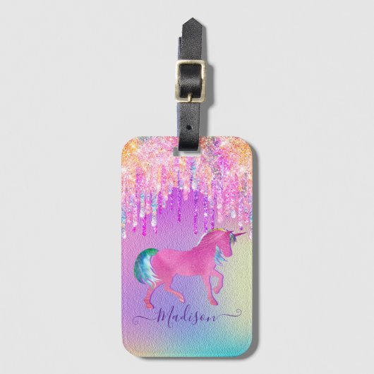 Elegant roze eenhoorn druppelend glitter monogram bagagelabel (Voorkant (verticaal))