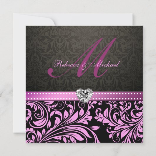 Elegant roze en Black Damask Wedding Invites Kaart (Voorkant)