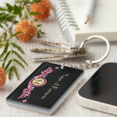 Elegant Roze en Black Faux Glitz Floral Monogram Sleutelhanger (Voorkant Rechts)
