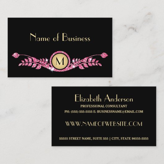 Elegant Roze en Black Faux Glitz Floral Monogram Visitekaartje (Voorkant / Achterkant)