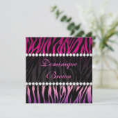 Elegant Roze en Black Jeweled Zebra Invite Kaart (Staand voorkant)