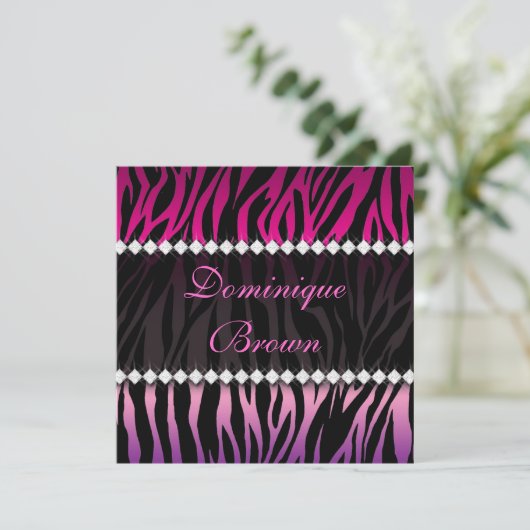 Elegant Roze en Black Jeweled Zebra Invite Kaart (Staand voorkant)