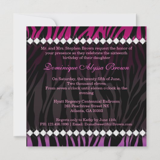 Elegant Roze en Black Jeweled Zebra Invite Kaart (Achterkant)