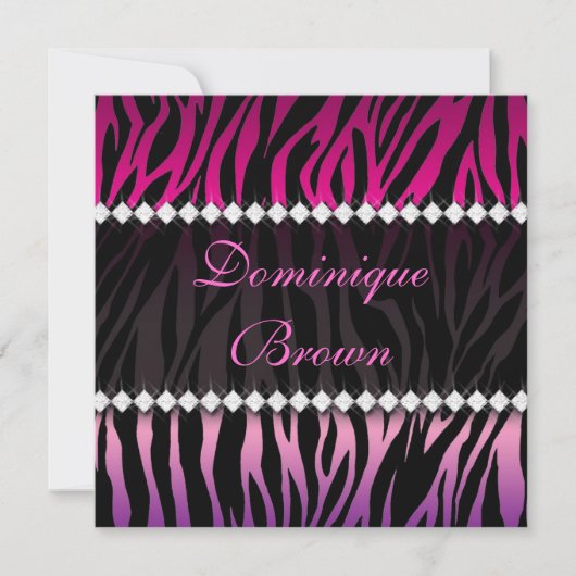 Elegant Roze en Black Jeweled Zebra Invite Kaart (Voorkant)
