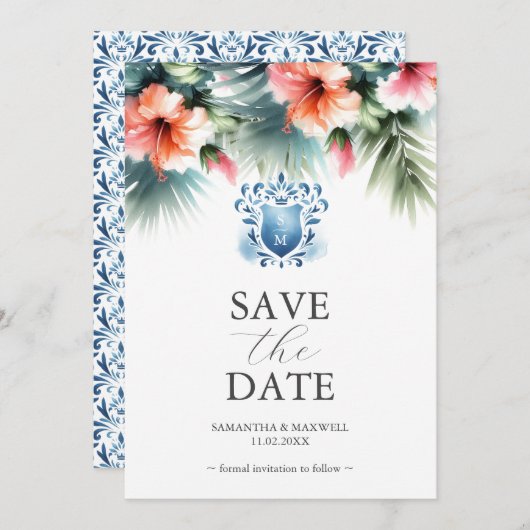 Elegant Roze en Blauw Bloemen Save The Date Cards (Voorkant / Achterkant)