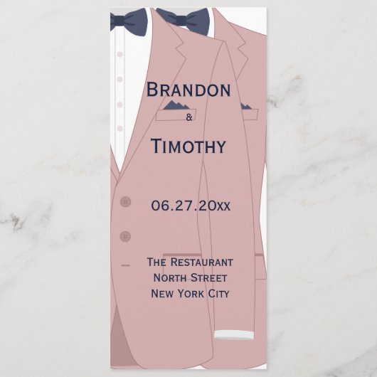 Elegant roze en blauw gay bruiloft menu (Achterkant)