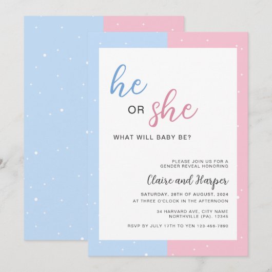 Elegant roze en blauw geslacht onthullen Baby show Kaart (Voorkant / Achterkant)