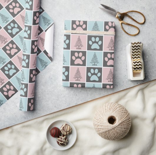 Elegant Roze en Blauw Kerst Paw print Patroon Cadeaupapier (Crafts)