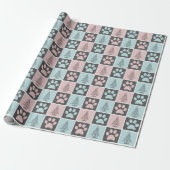 Elegant Roze en Blauw Kerst Paw print Patroon Cadeaupapier (Uitgerold)
