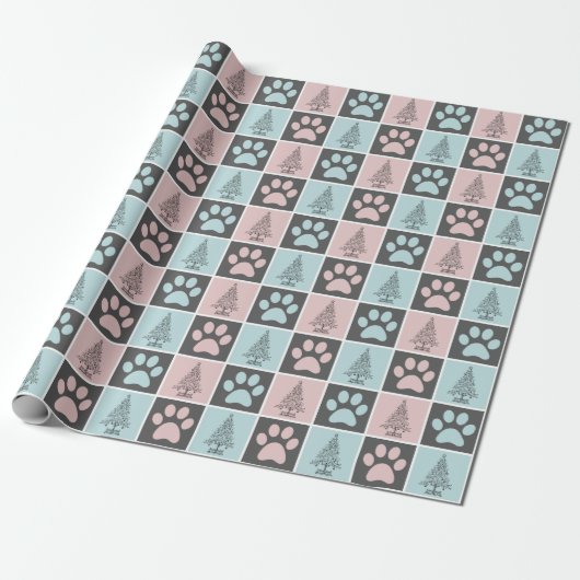 Elegant Roze en Blauw Kerst Paw print Patroon Cadeaupapier (Uitgerold)