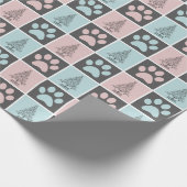 Elegant Roze en Blauw Kerst Paw print Patroon Cadeaupapier (Hoek)