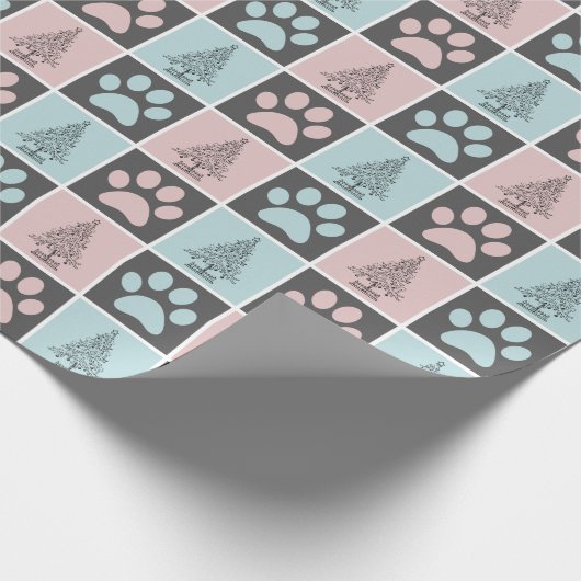 Elegant Roze en Blauw Kerst Paw print Patroon Cadeaupapier (Hoek)