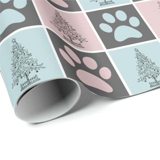Elegant Roze en Blauw Kerst Paw print Patroon Cadeaupapier (Rol Hoek)