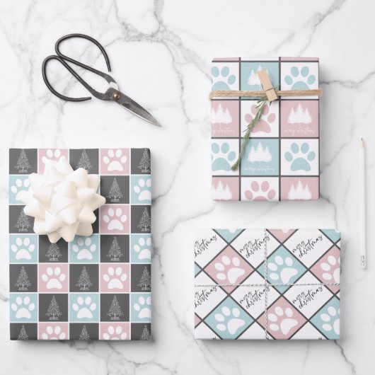 Elegant roze en blauw paw printkerstpatroon inpakpapier vel (Voorkant)