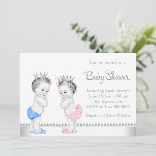 Elegant roze en blauw tweeling Baby shower Kaart (Staand voorkant)