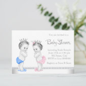 Elegant roze en blauw tweeling Baby shower Kaart (Staand voorkant)