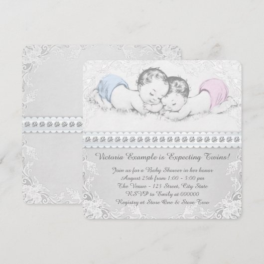 Elegant roze en blauw tweeling Baby shower Kaart (Voorkant / Achterkant)