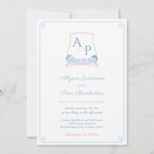 Elegant roze en blauw Waterverf crest bruiloft Kaart (Voorkant)