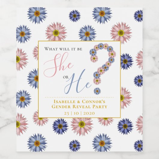 Elegant Roze en Blauwe Bloemen Geslacht Onthullen  Wijn Etiket (Enkel label)