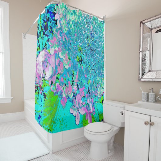 Elegant roze en blauwe grens Hydrangea Douchegordijn (In situ)