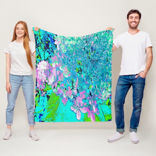 Elegant roze en blauwe grens Hydrangea Fleece Deken (In situ)