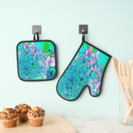 Elegant roze en blauwe grens Hydrangea Ovenwant & Pannenlap Set