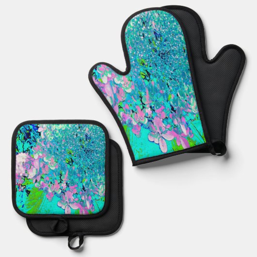 Elegant roze en blauwe grens Hydrangea Ovenwant & Pannenlap Set (Voorkant / Achterkant)