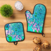 Elegant roze en blauwe grens Hydrangea Ovenwant & Pannenlap Set (Top down)