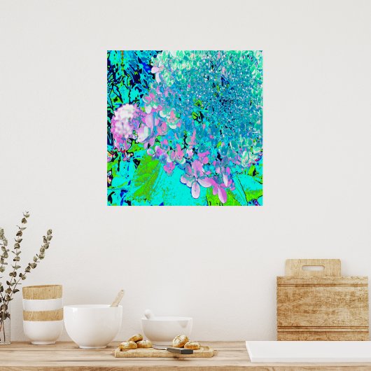 Elegant roze en blauwe grens Hydrangea Poster (Keuken)