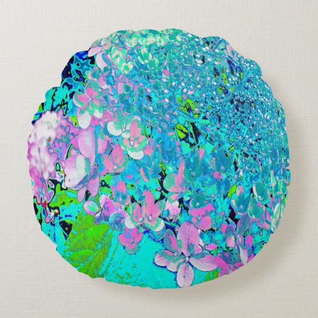 Elegant roze en blauwe grens Hydrangea Rond Kussen (Voorkant)
